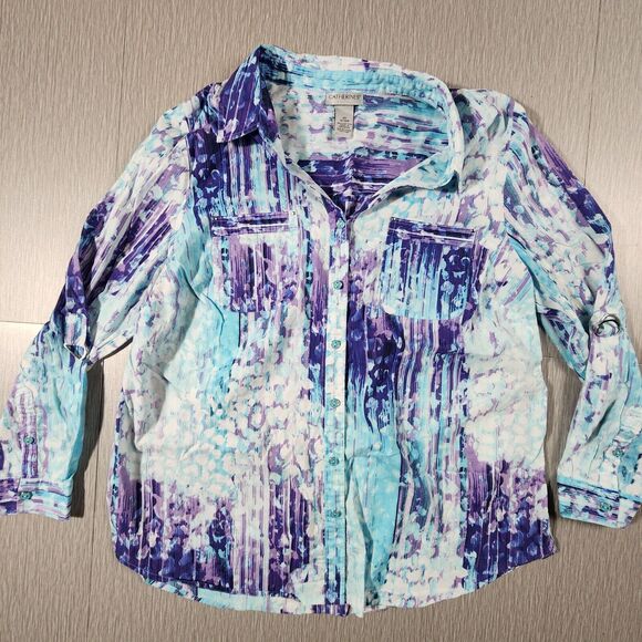 Catherines Womens 0X Tunic Top Blue Tie Dye Button-Up Roll Tab Sleeves Casual - Picture 1 of 12